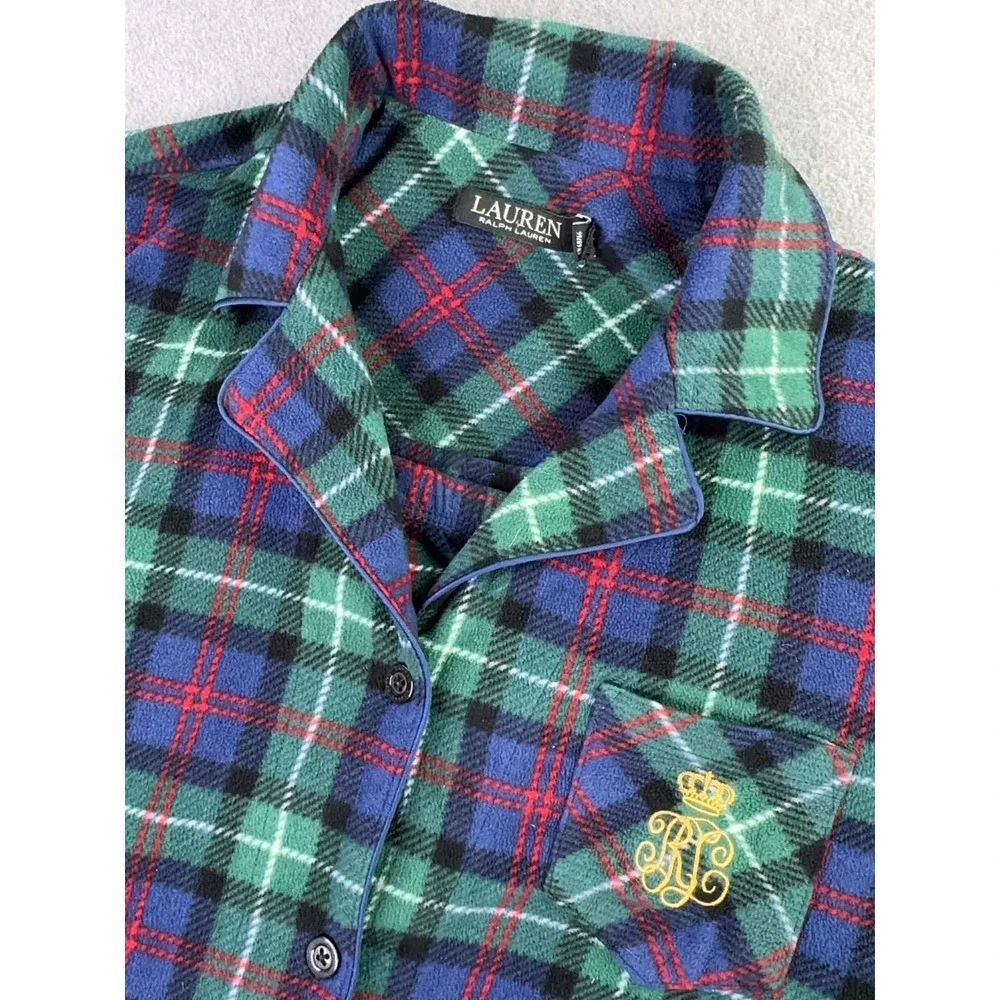 Ralph Lauren Black Label Fleece Tartan Plaid Pajama Set‎ Women's Petite L Crest
